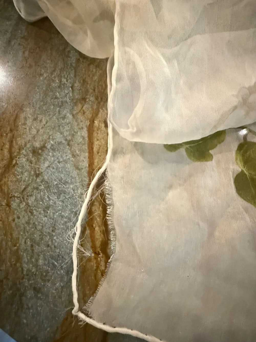 CHANEL White Silk Scarf with Green Floral Print